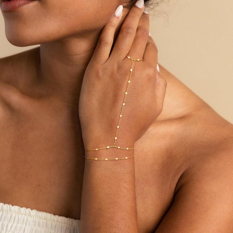Moodear Sterling Silver Dainty Ring Bracelet Hand Chain for Women - 14K Gold Plated/Sterling Silver Layered Adjustable Satellite Bead Paperclip Dot CZ Link Hand Chain Bracelets Non Tarnish Trendy Jewelry Gift - Image 4